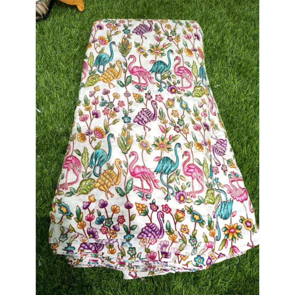 Premium Pure Viscose Dola Fabric with Position Print & Sequence Embroidery