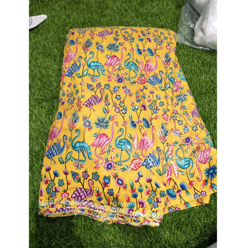 Premium Pure Viscose Dola Fabric with Position Print & Sequence Embroidery