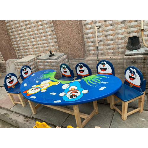 Kids 6 Seater Blue Wooden Table Chair Set