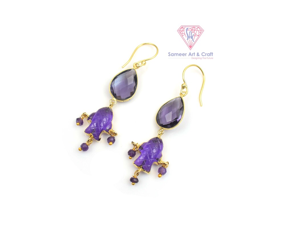Gemstone Earring Natural Amethyst Brass Material With 18k Gold Plated In Pearl Shape