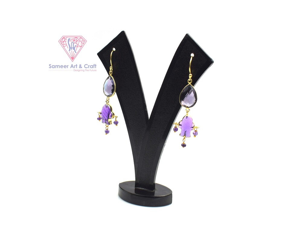Gemstone Earring Natural Amethyst Brass Material With 18k Gold Plated In Pearl Shape