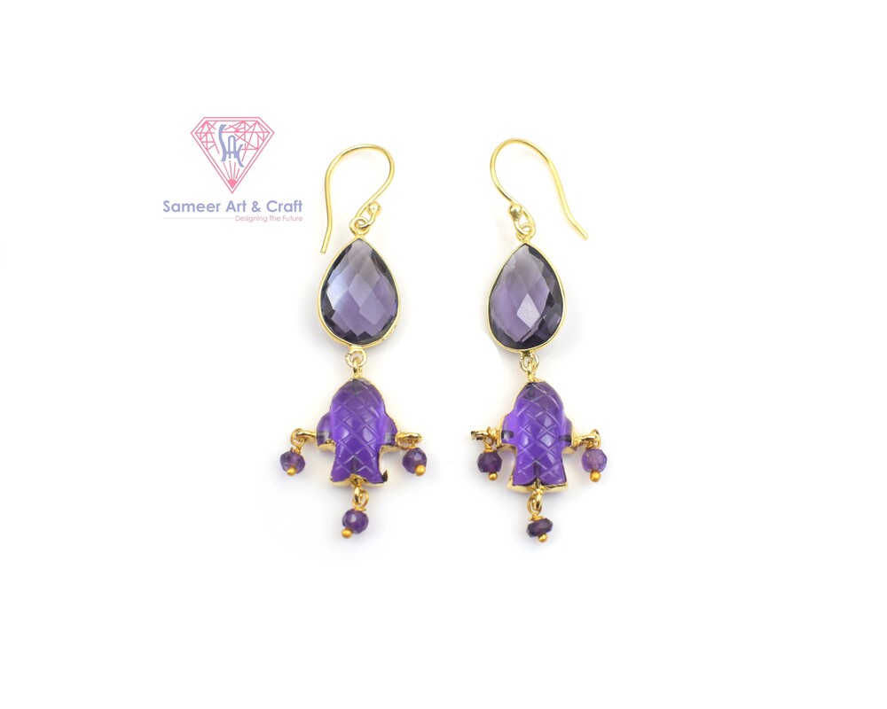 Gemstone Earring Natural Amethyst Brass Material With 18k Gold Plated In Pearl Shape