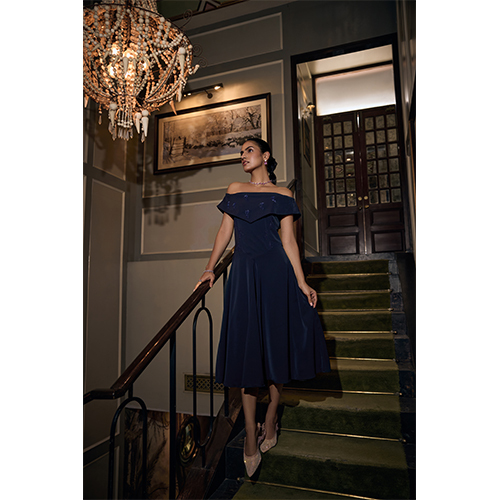 Aira Offshoulder Dress - Color: Navy Blue