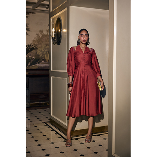 Aira Ruched Neck Dress - Color: Brick