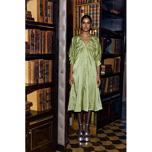 Aira V Neck Pleated Dress - Color: Pista Green