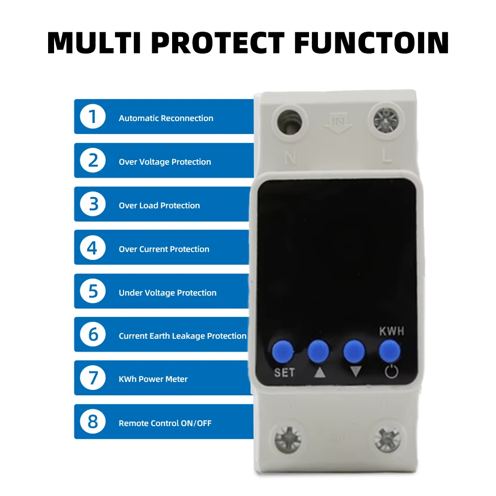 220V 63A Single Phase Digital Dual Display Adjustable Voltage Current Protector Device