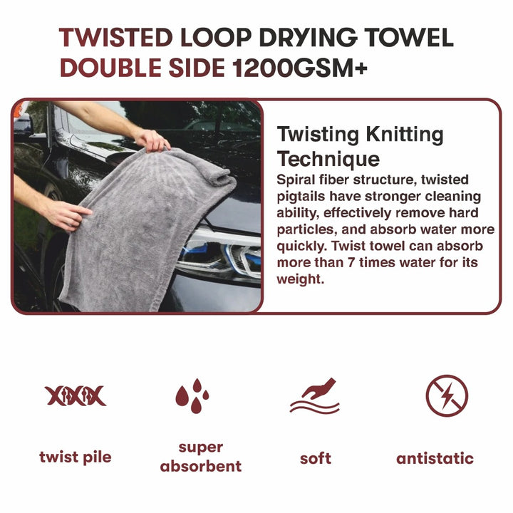 Microfiber Car Cleaning 1200 Gsm Twisted Loop 40*60 Cm - Car Polishers Size: Standard