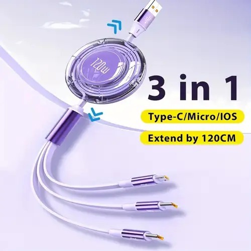 रिट्रैक्टेबल मल्टीपल 3in1 USB 120W चार्जिंग केबल