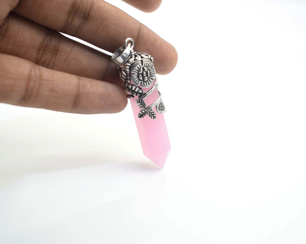Pink Chalcedony Gemstone Pencil Design Oxidized Pendant