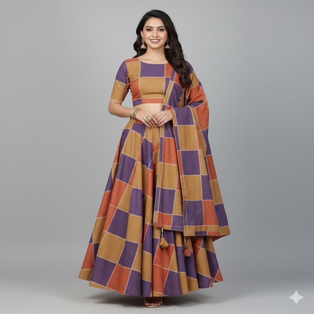 Designer Patch Style Multi-color Fabric - Color: Mustard