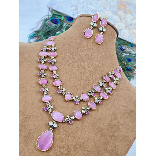 Premium Amrapali Necklace Set - Color: Pink