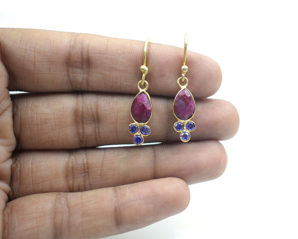 Multi Gemstone Drop Shape Brass With Gold Plated Hoop Earring