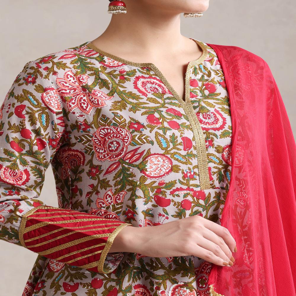 Floral Printed Notch Neck Anarkali Kurta With Palazzos & Dupatta