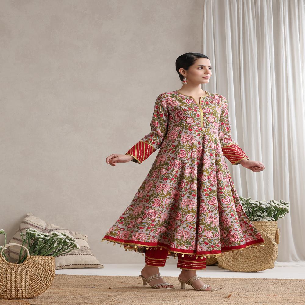 Floral Printed Notch Neck Anarkali Kurta With Palazzos & Dupatta