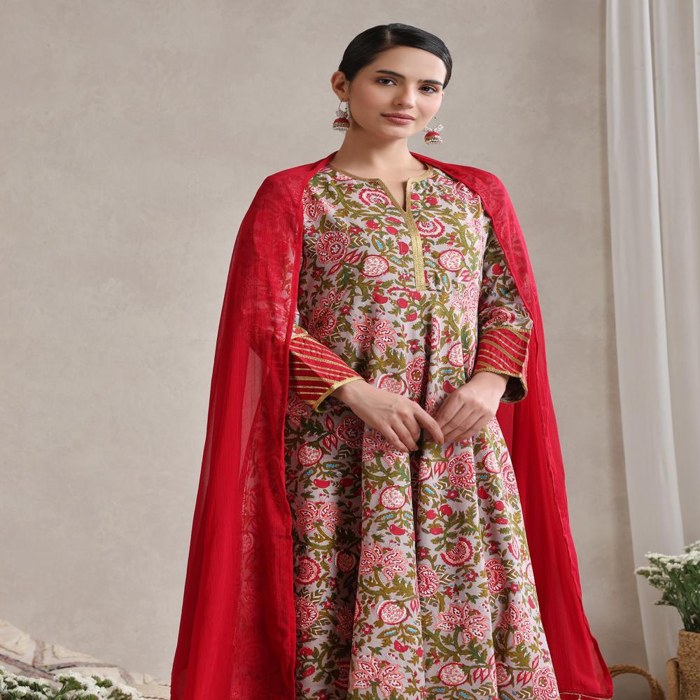 Floral Printed Notch Neck Anarkali Kurta With Palazzos & Dupatta