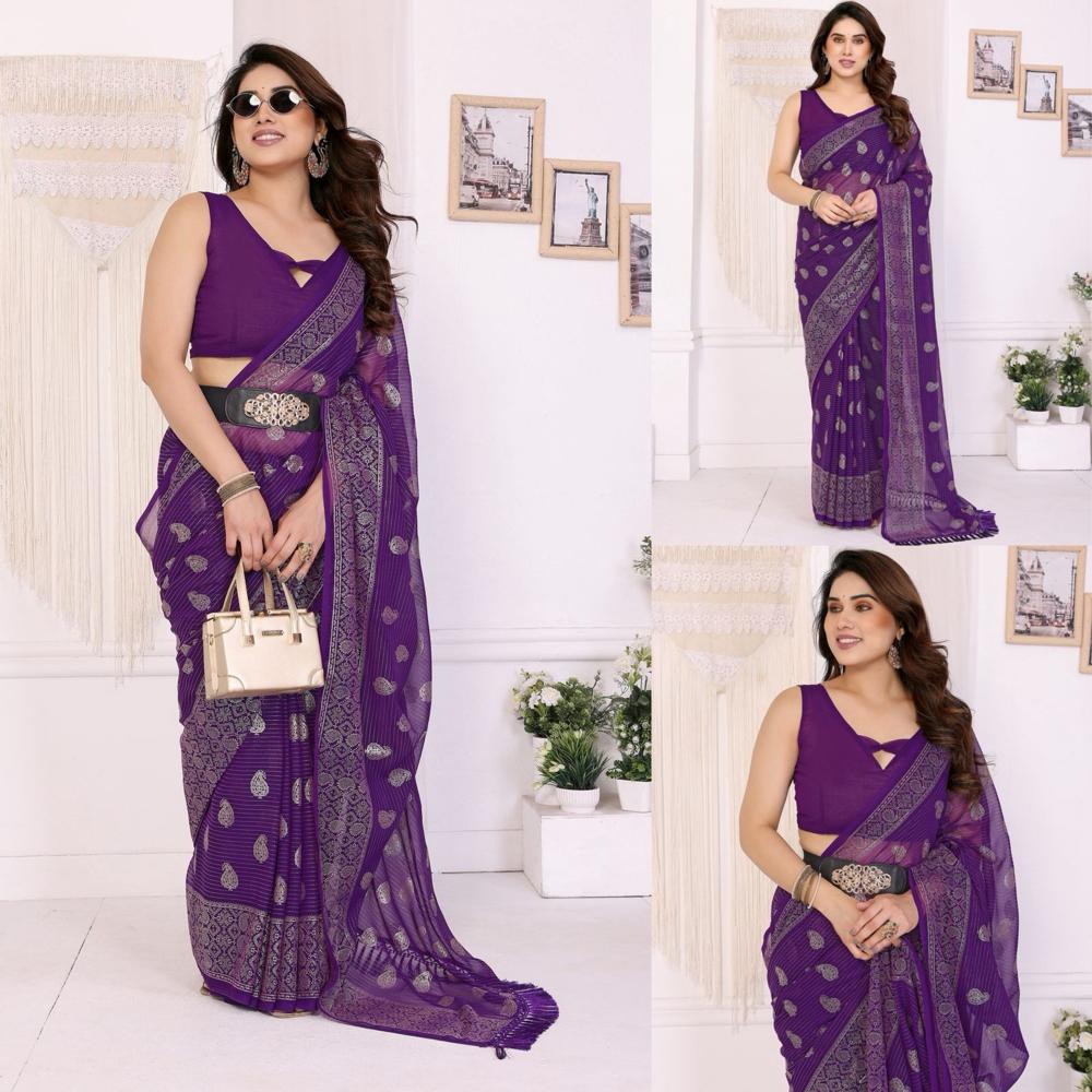 Georgette Saree With Foil Work - Color: As Per Images