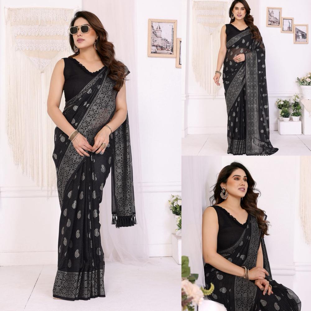 Georgette Saree With Foil Work - Color: As Per Images