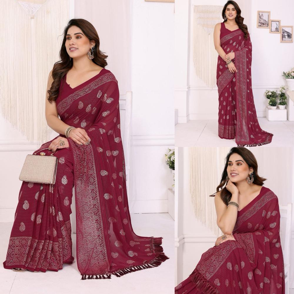 Georgette Saree With Foil Work - Color: As Per Images