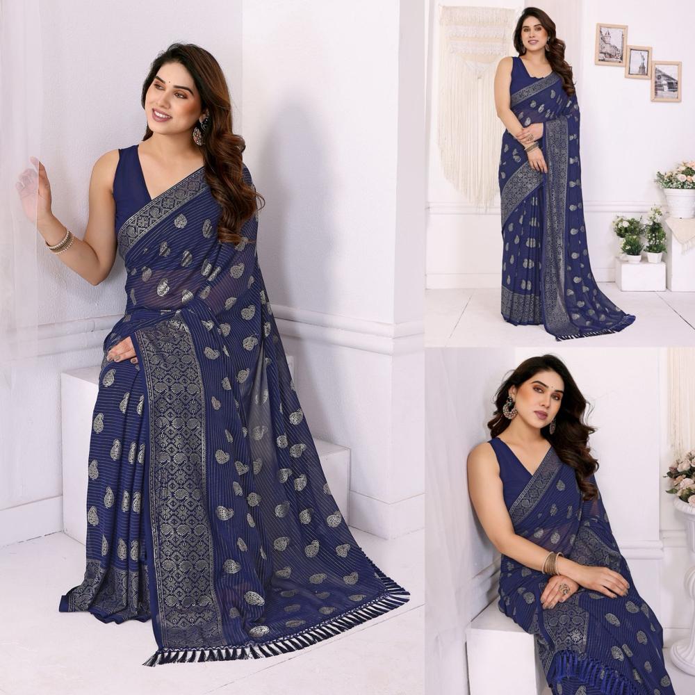 Georgette Saree With Foil Work - Color: As Per Images