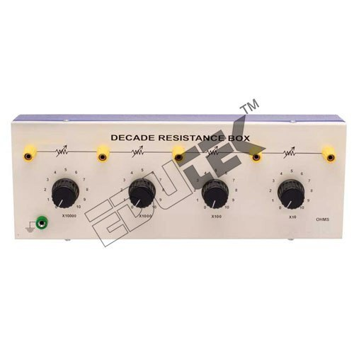 DECADE RESISTANCE BOX FOUR DIALS OF 10 OHMS, 100 OHMS, 1000 OHMS, 10000 OHMS