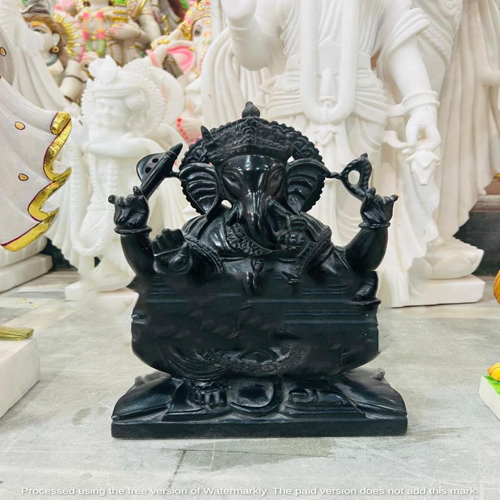 12 Inch Lord Ganesha Statue In Black Marble | Divine Ganesh Idol For Home, Office & Gift - Finishing: Plating