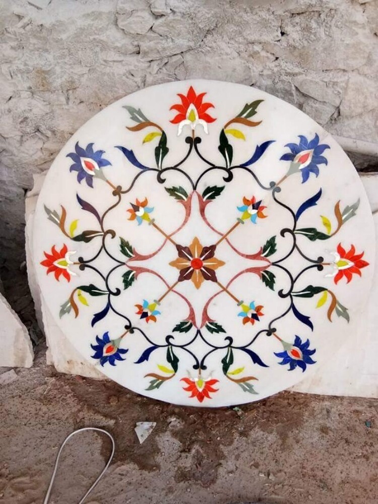 White Traditional Print Round Marble Inlay Tea Table Top - Color: Multicolor