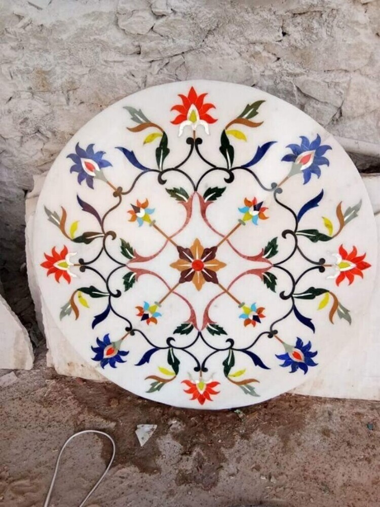 White Traditional Print Round Marble Inlay Tea Table Top - Color: Multicolor