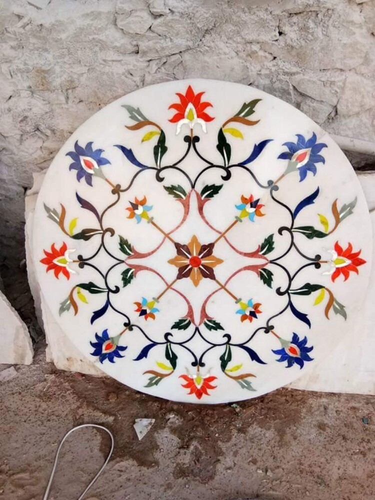 White Traditional Print Round Marble Inlay Tea Table Top - Color: Muticolor