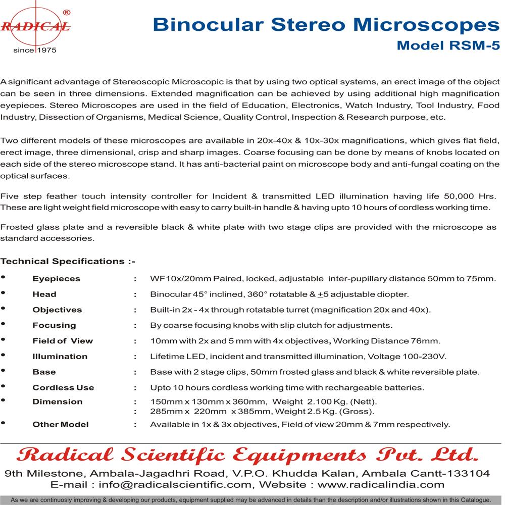 Binocular Stereo Microscope Rsm-5 - Application: Medical Science