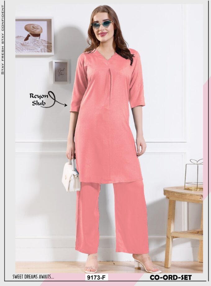 Womy Womena S Extra-Long Co-Ord Set A Solid Rayon Slub Kurti With Pants A Baby Pink - Ethnic Region: Indian