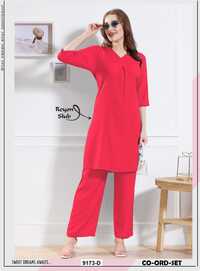 Womy Extra-Long Kurti Co-Ord Set for Women  Premium Rayon Slub in Solid Colours  Dark Pink
