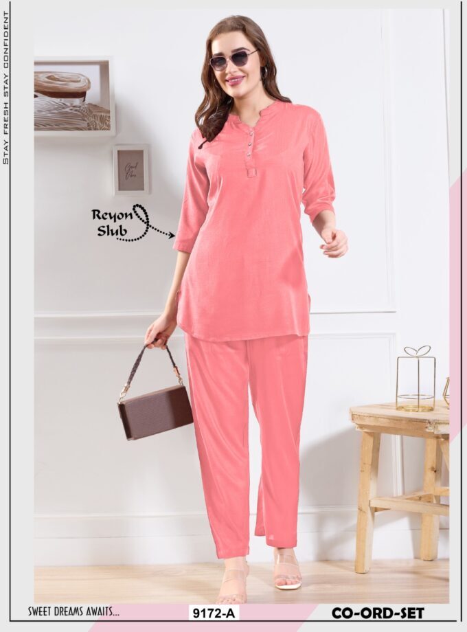 Womy Premium Co-Ord Set For Women A Long Kurti In Solid Rayon Slub A Baby Pink - Ethnic Region: Indian