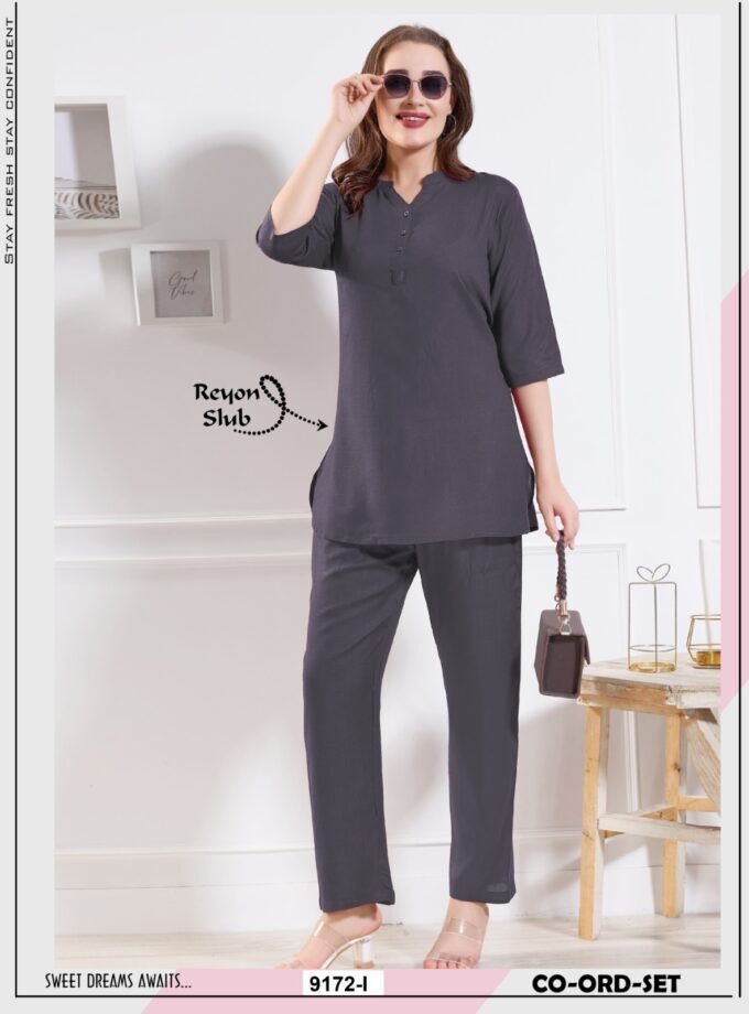 Womy Womena S Premium Co-Ord Set A Long Kurti In Rayon Slub With Solid Colours - Color: Dark Grey