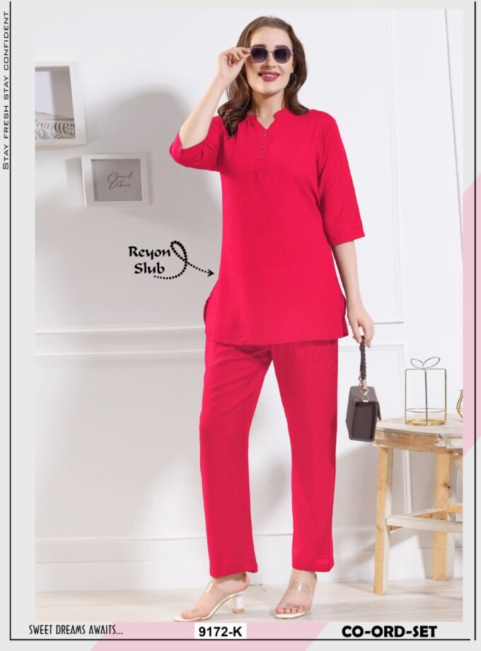 Womy Premium Womens Co-Ord Set with Long Kurti  Solid Colours in Rayon Slub  Pink