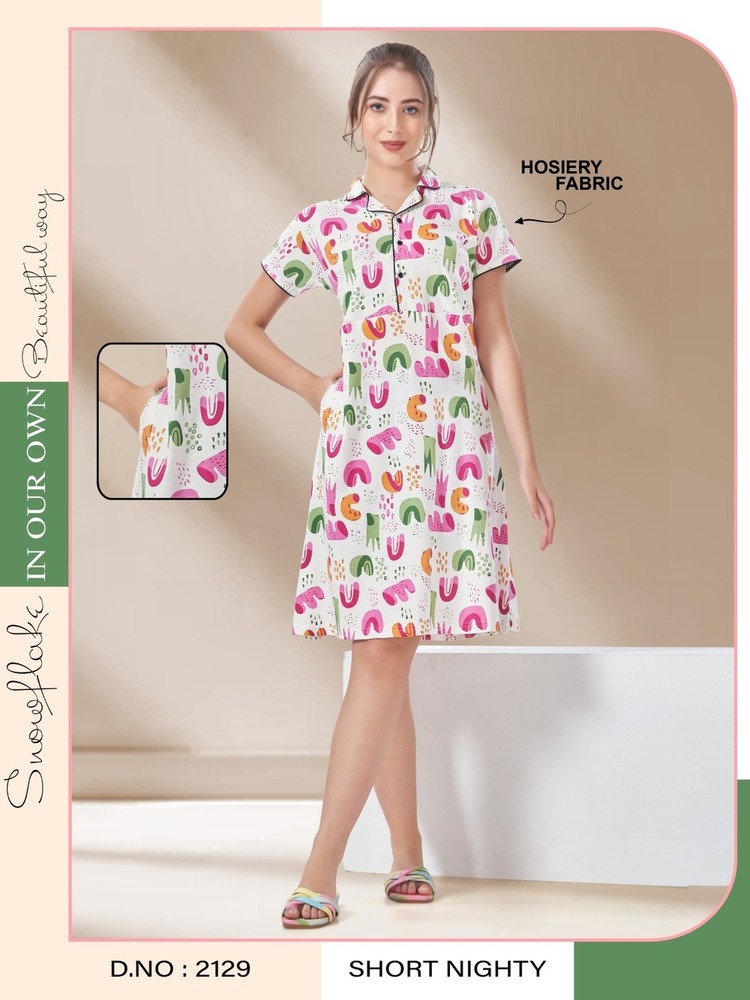 Hosiery Short Nighty with Collar Neck