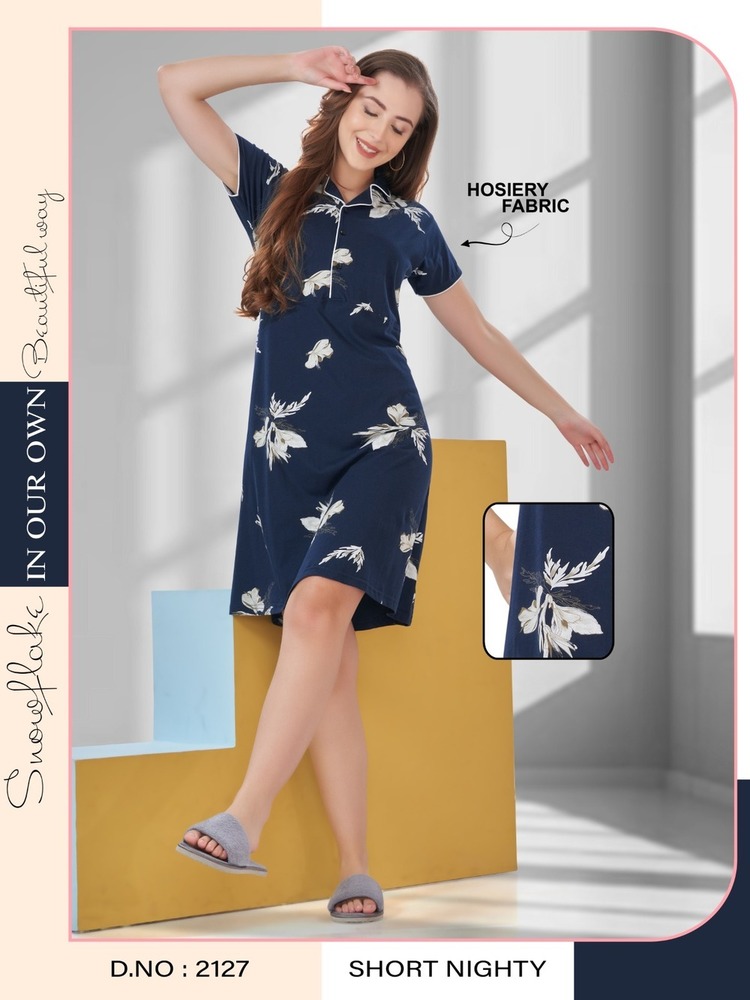 Premium Hosiery Short Nighty A Collar Neck For Women - Pattern: Printed