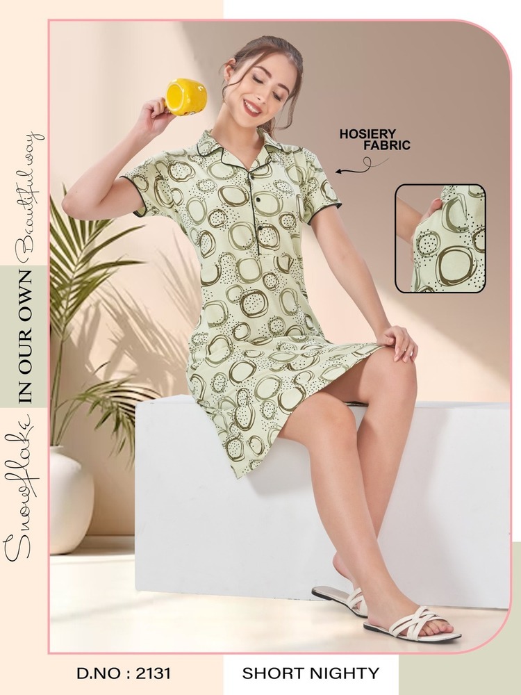 Hosiery Short Nighty Collar Neck - Pattern Type: Printed