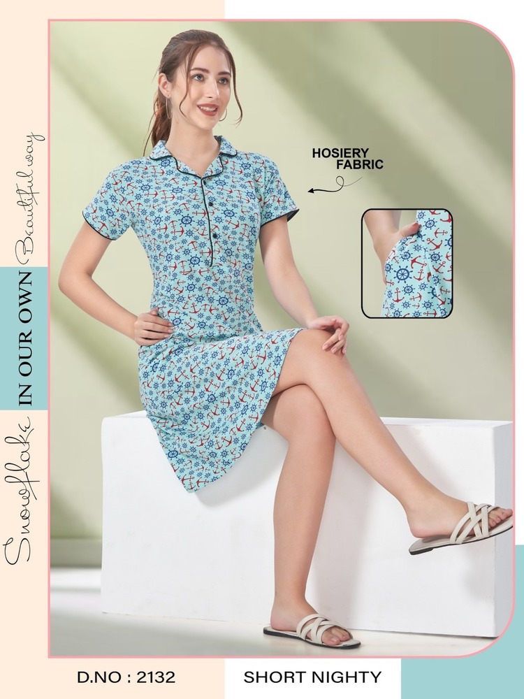 Hosiery Short Nighty A Collar Neck - Pattern: Plain