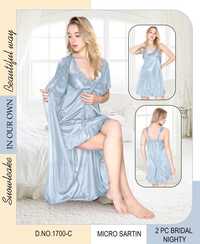 Luxury Satin Nightwear Short Nighty With Matching Coat (2-piece Set) - Pattern: Plain