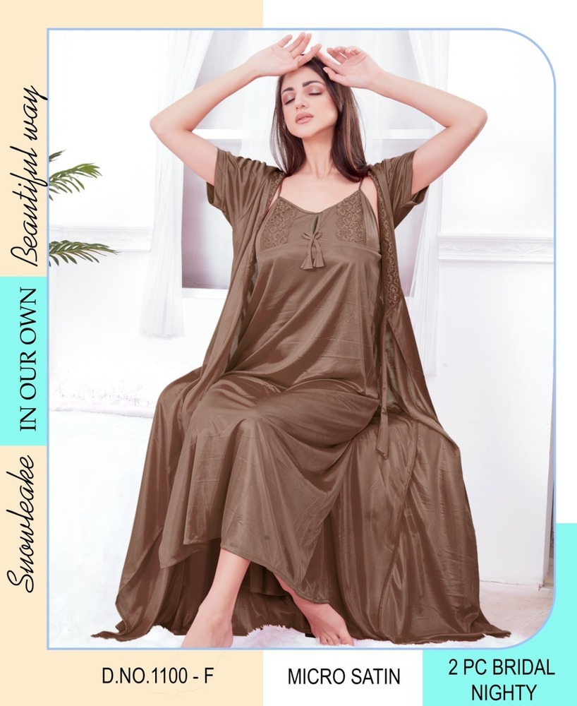 2 PC Full-Length Satin Nighty with Matching Robe  Elegant & Comfy  Brown