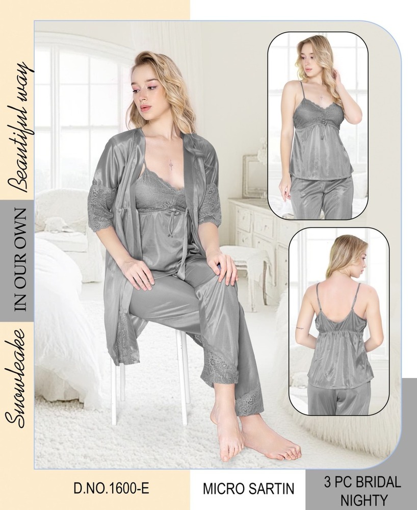 Luxury Bridal 3-Piece Nightwear Set A Satin Slip, Pyjama & Lace Robe (Dark Grey) - Color: Dark Grey