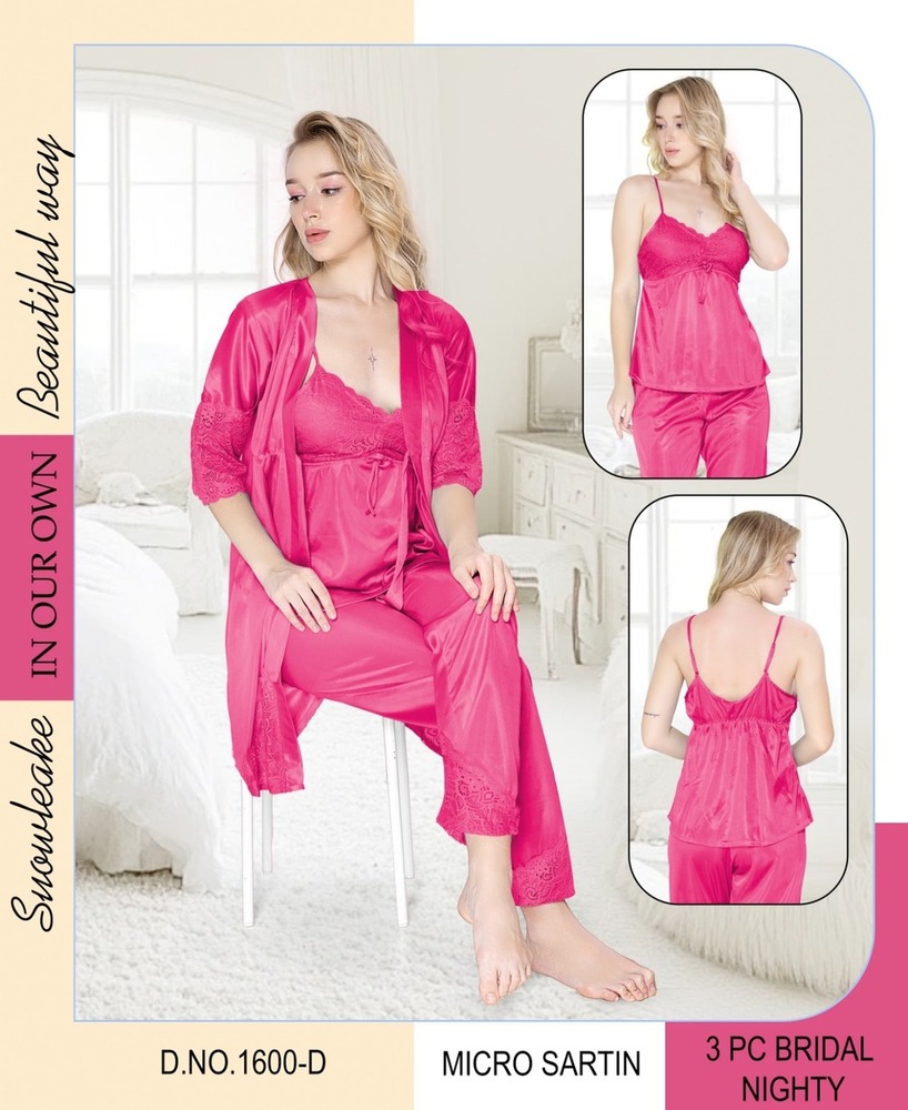 Elegant Bridal 3-Piece Satin Nightwear Set  Slip, Pyjama & Lace Robe (Dark Pink)