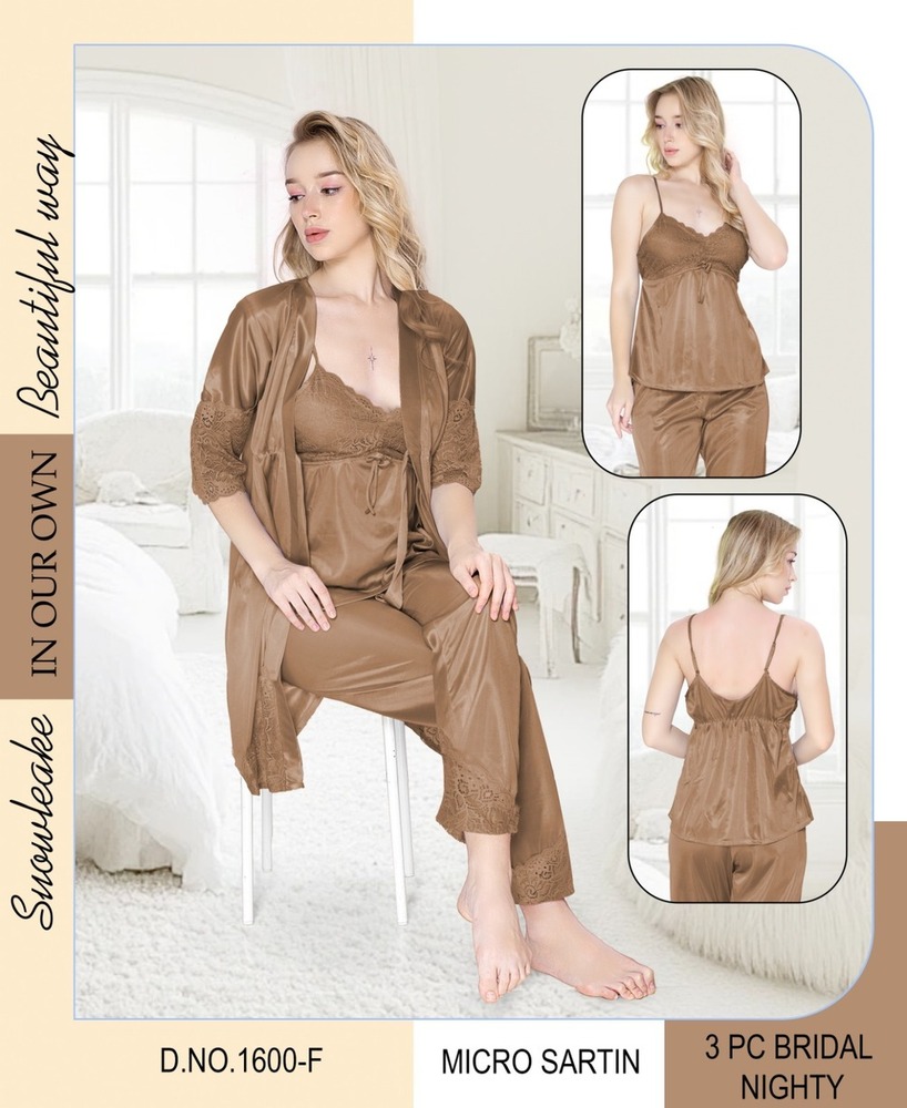 Timeless 3-Piece Bridal Nightwear Set  Satin Slip, Pyjama & Lace Robe (Brown)