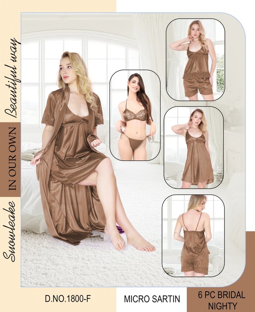 Premium 6-Piece Bridal Honeymoon Nightwear Set A   Micro Satin Light Brown - Pattern: Plain