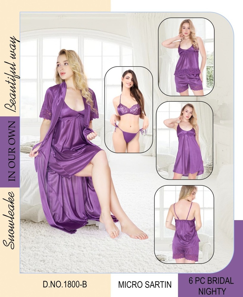 Womy Bridal 6-Piece Honeymoon Nighty Set  Micro Satin Silk  Free Size  Purple