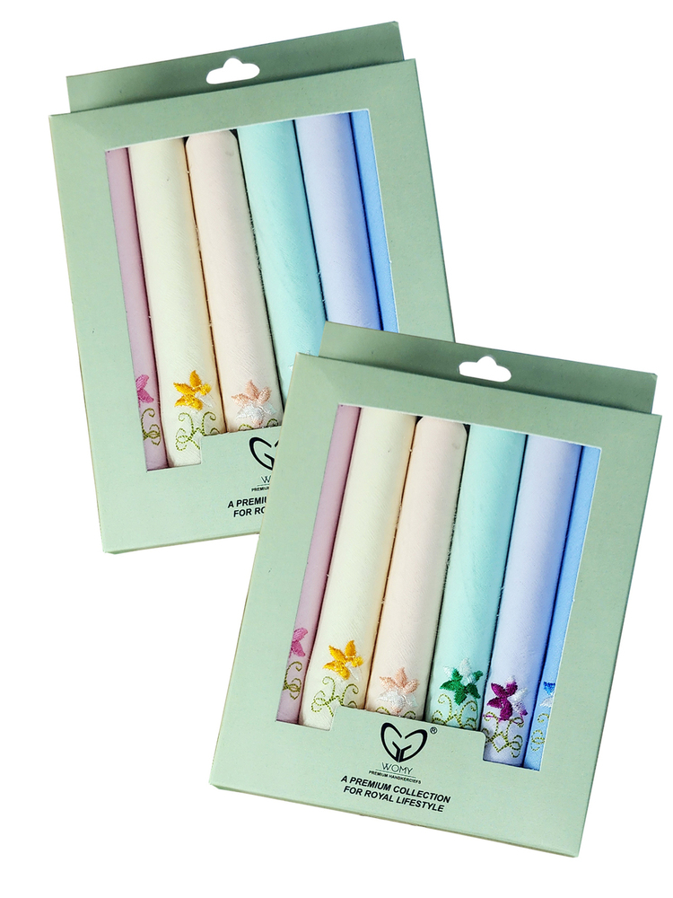 Womy Pure Cotton Embroidery Handkerchief Luxurious Gift Set For Women - Color: 6 Different Colours