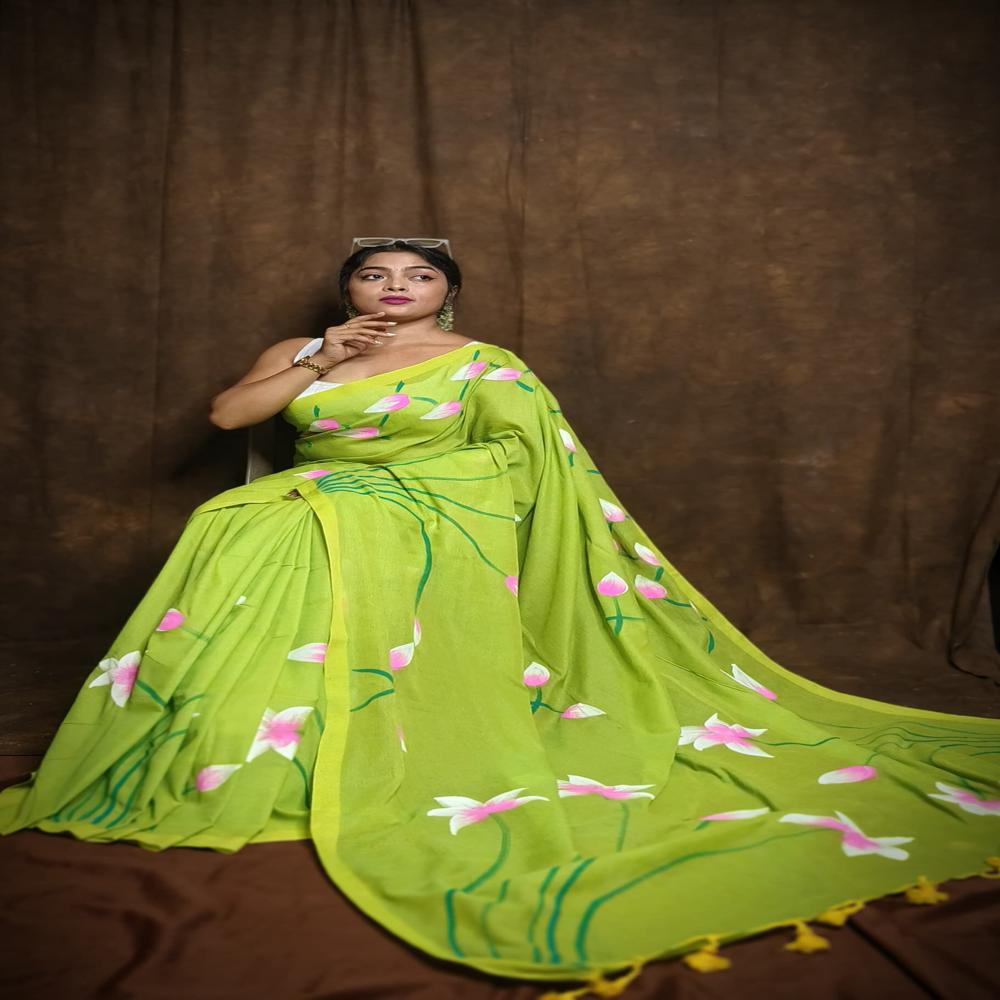 Handloom Khadi Cotton Saree With Hand Painted Work - Gender: Female
