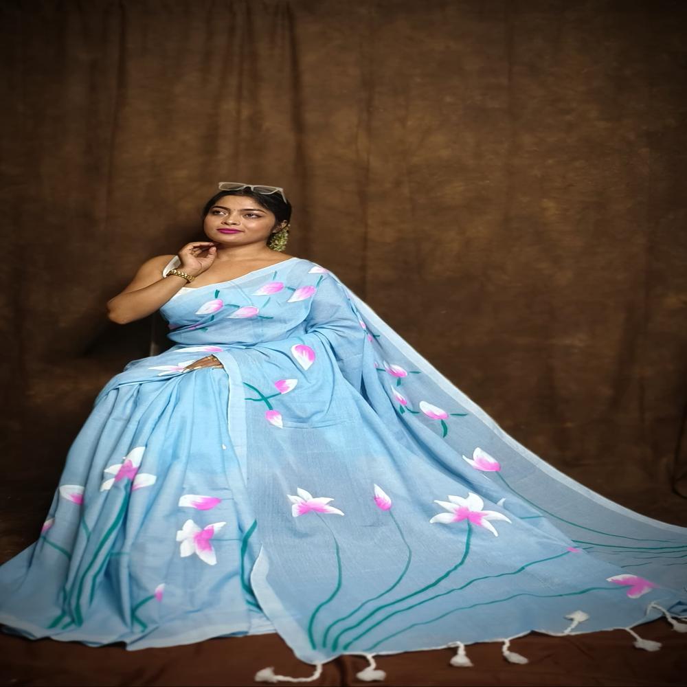 Handloom Khadi Cotton Saree With Hand Painted Work - Gender: Female