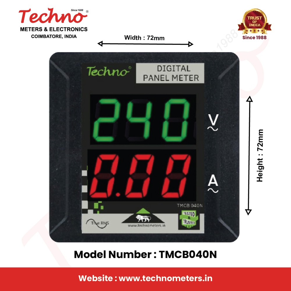 Digital Volt Ampere Meter - 72x72x35mm, Black Color | 50hz Frequency, 1-year Warranty, Reliable Measurement Accuracy