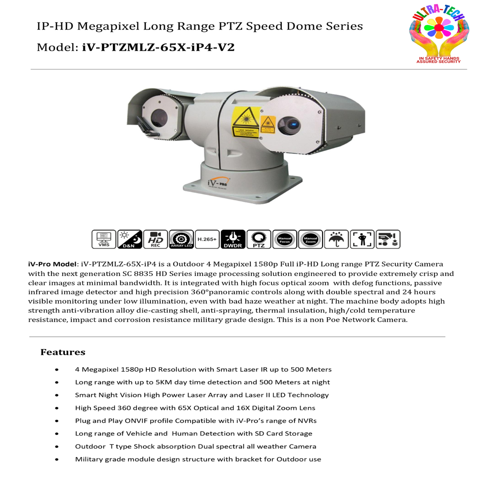 Long Range Military Grade Ptz Camera - 5km Day & 500 Mtrs Night - Iv-ptzmlz-65x-ip4-v2 - Application: Outdoor